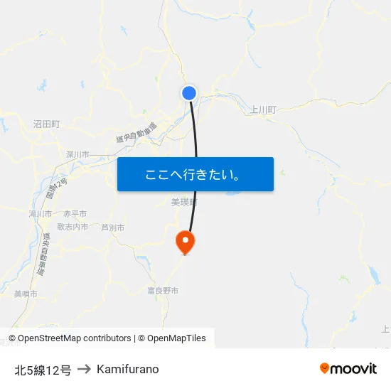 北5線12号 to Kamifurano map