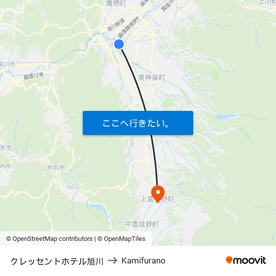 クレッセントホテル旭川 to Kamifurano map