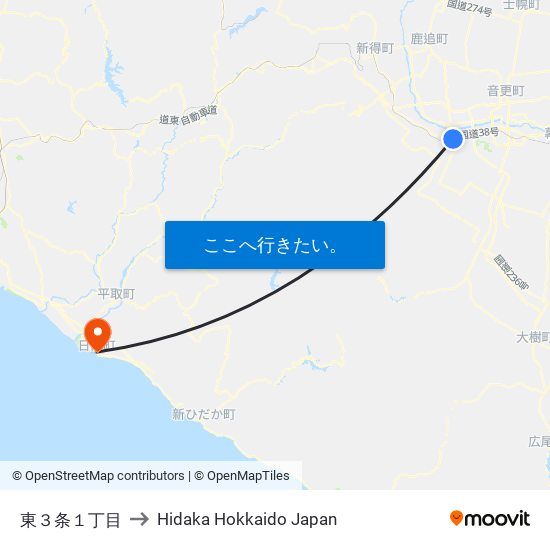 東３条１丁目 to Hidaka Hokkaido Japan map