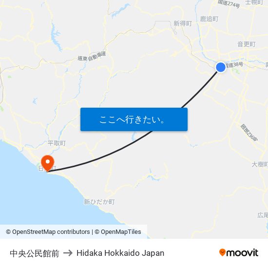 中央公民館前 to Hidaka Hokkaido Japan map