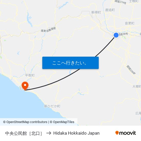 中央公民館［北口］ to Hidaka Hokkaido Japan map