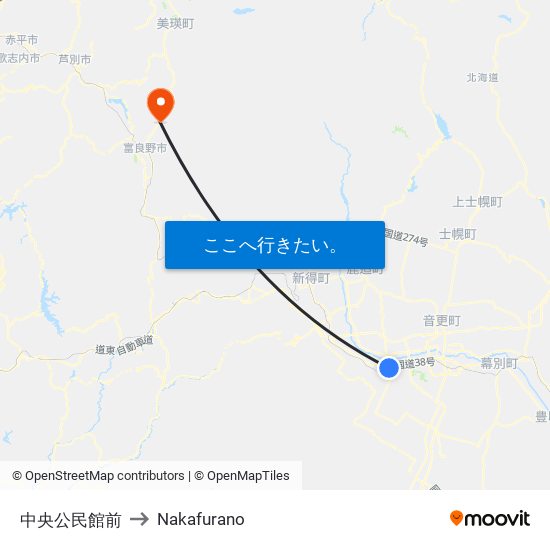 中央公民館前 to Nakafurano map