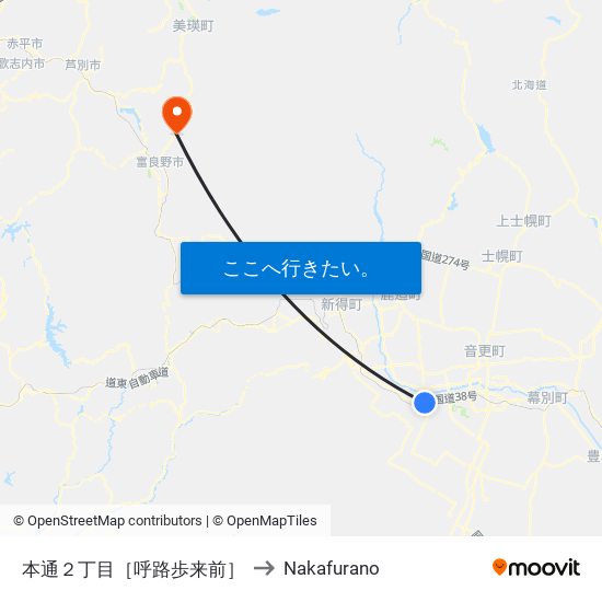 本通２丁目［呼路歩来前］ to Nakafurano map