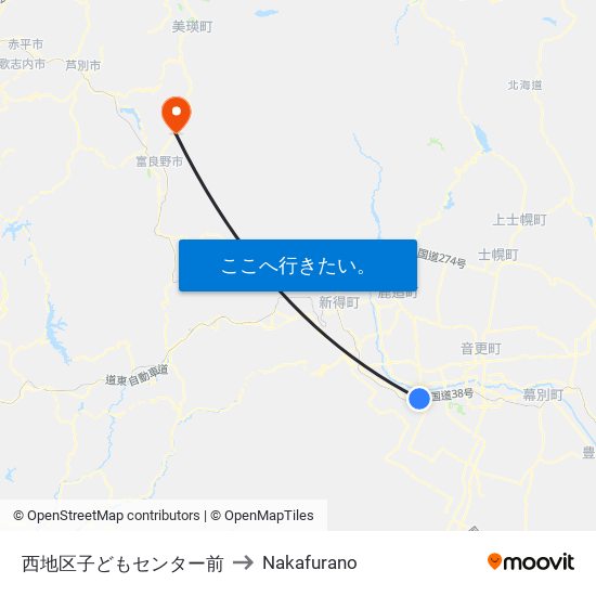 西地区子どもセンター前 to Nakafurano map