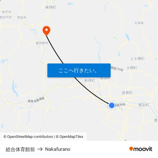 総合体育館前 to Nakafurano map