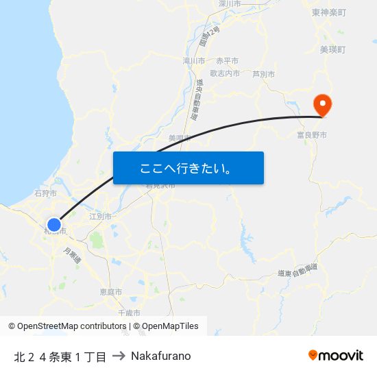 北２４条東１丁目 to Nakafurano map