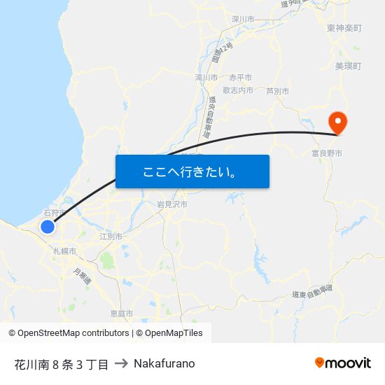 花川南８条３丁目 to Nakafurano map