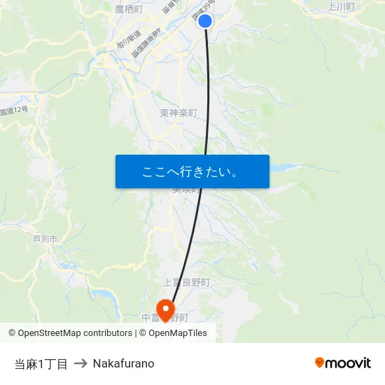 当麻1丁目 to Nakafurano map