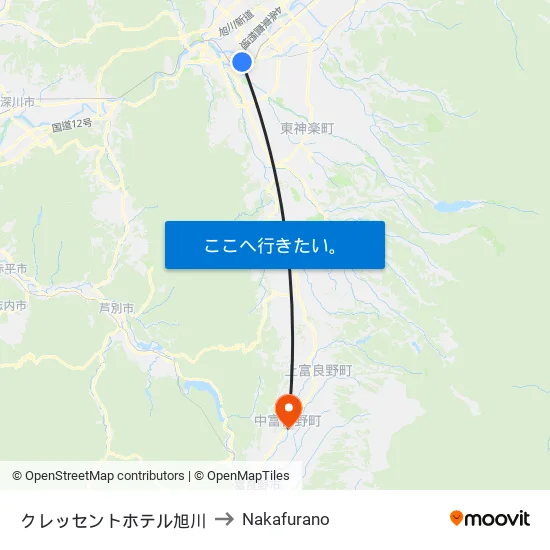 クレッセントホテル旭川 to Nakafurano map