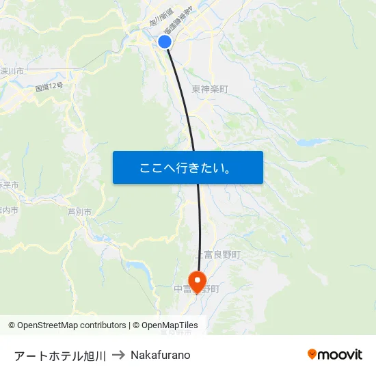 アートホテル旭川 to Nakafurano map