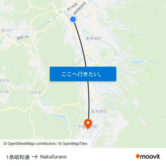 1条昭和通 to Nakafurano map