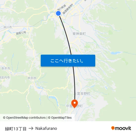 緑町13丁目 to Nakafurano map