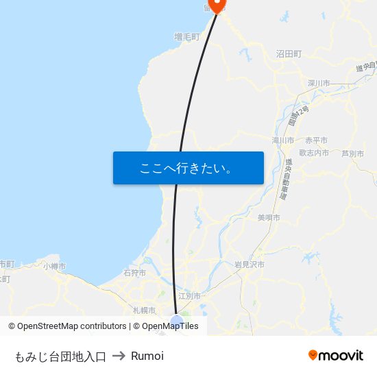 もみじ台団地入口 to Rumoi map