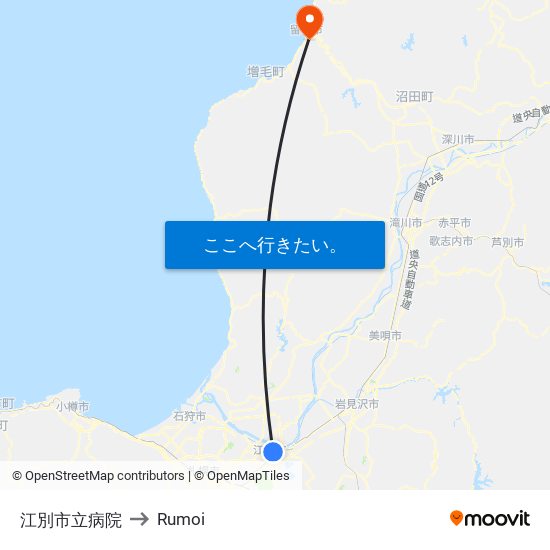 江別市立病院 to Rumoi map