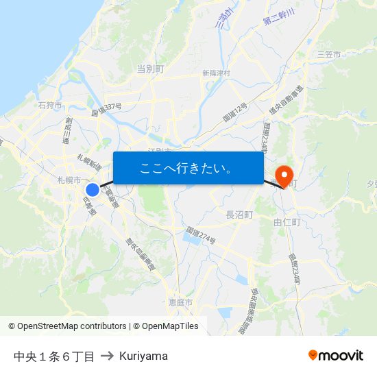 中央１条６丁目 to Kuriyama map