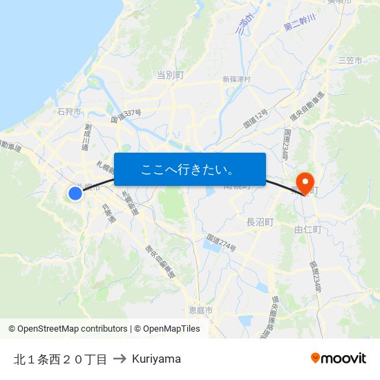 北１条西２０丁目 to Kuriyama map