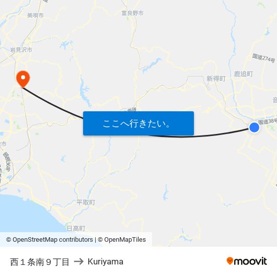 西１条南９丁目 to Kuriyama map