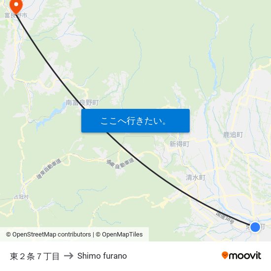 東２条７丁目 to Shimo furano map