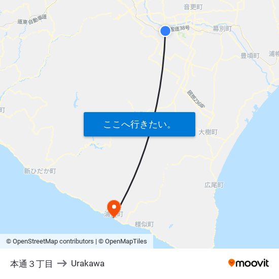 本通３丁目 to Urakawa map