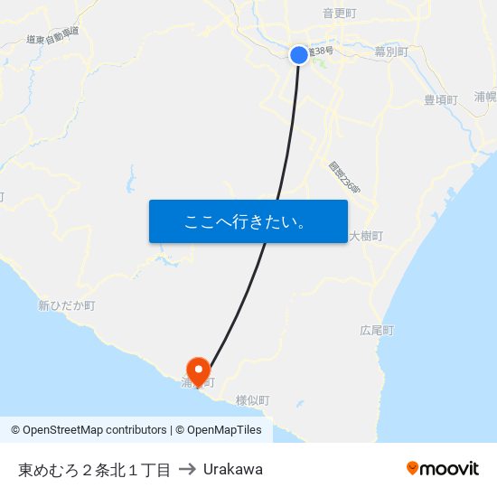 東めむろ２条北１丁目 to Urakawa map