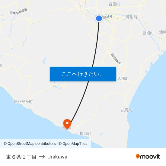 東６条１丁目 to Urakawa map