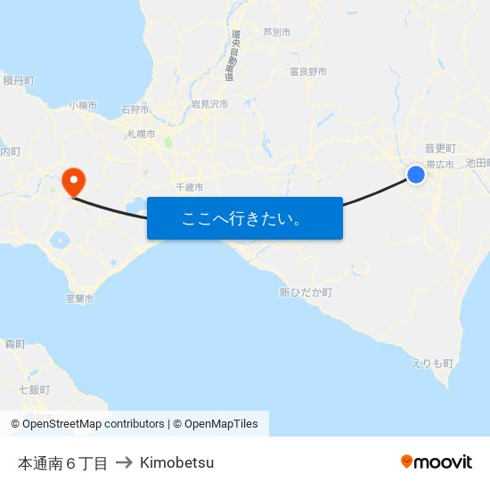 本通南６丁目 to Kimobetsu map