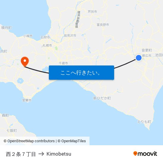 西２条７丁目 to Kimobetsu map