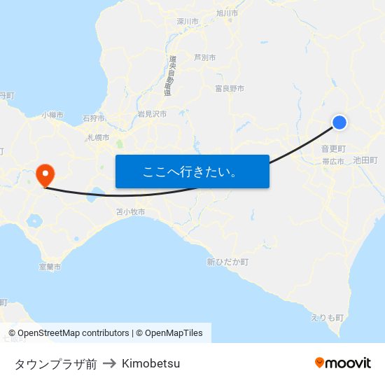 タウンプラザ前 to Kimobetsu map