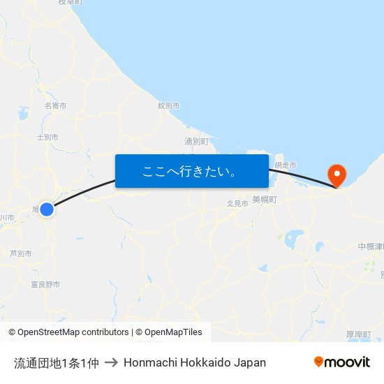 流通団地1条1仲 to Honmachi Hokkaido Japan map