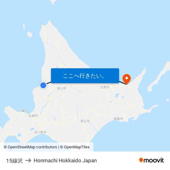 15線沢 to Honmachi Hokkaido Japan map