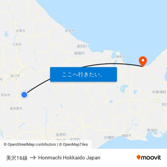 美沢16線 to Honmachi Hokkaido Japan map