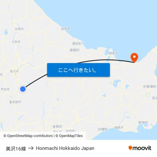 美沢16線 to Honmachi Hokkaido Japan map