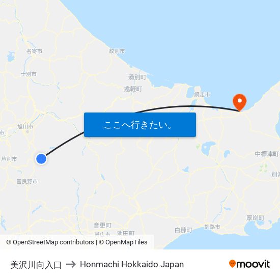 美沢川向入口 to Honmachi Hokkaido Japan map