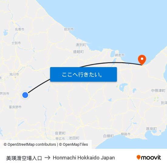 美瑛滑空場入口 to Honmachi Hokkaido Japan map