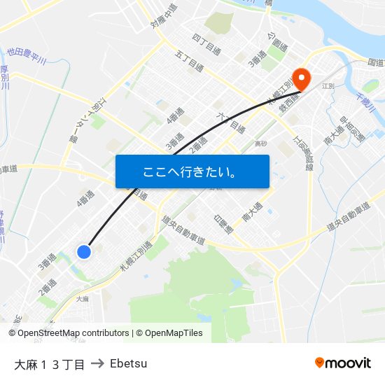 大麻１３丁目 to Ebetsu map