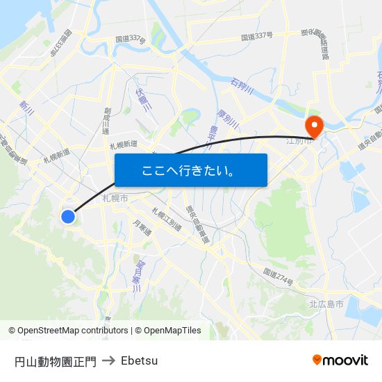 円山動物園正門 to Ebetsu map