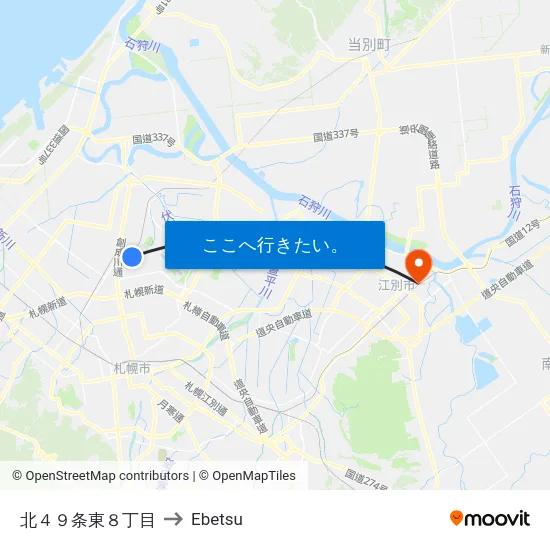北４９条東８丁目 to Ebetsu map