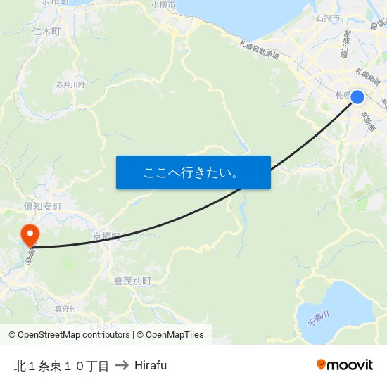 北１条東１０丁目 to Hirafu map