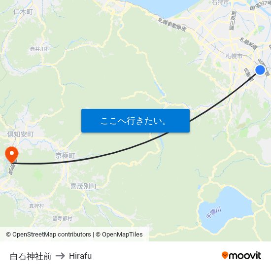 白石神社前 to Hirafu map