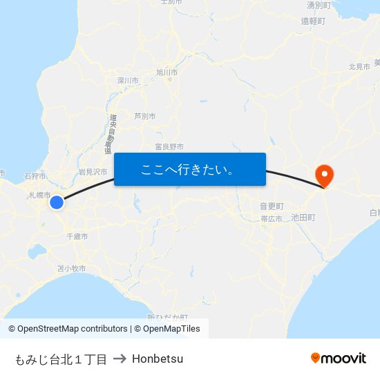 もみじ台北１丁目 to Honbetsu map