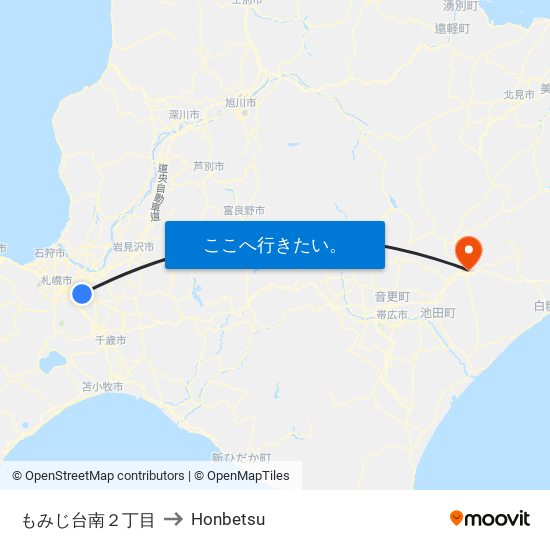 もみじ台南２丁目 to Honbetsu map