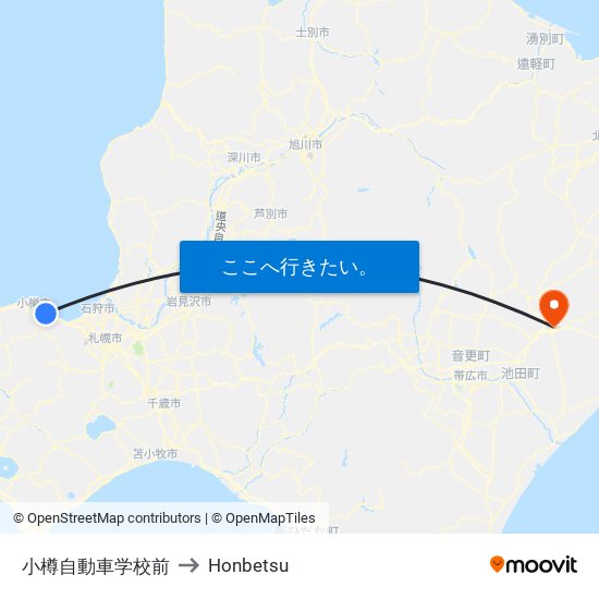 小樽自動車学校前 to Honbetsu map