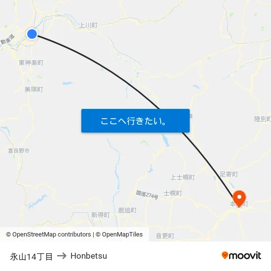 永山14丁目 to Honbetsu map