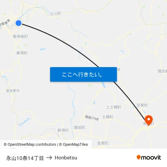 永山10条14丁目 to Honbetsu map