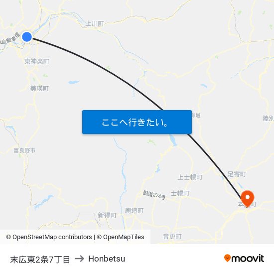 末広東2条7丁目 to Honbetsu map