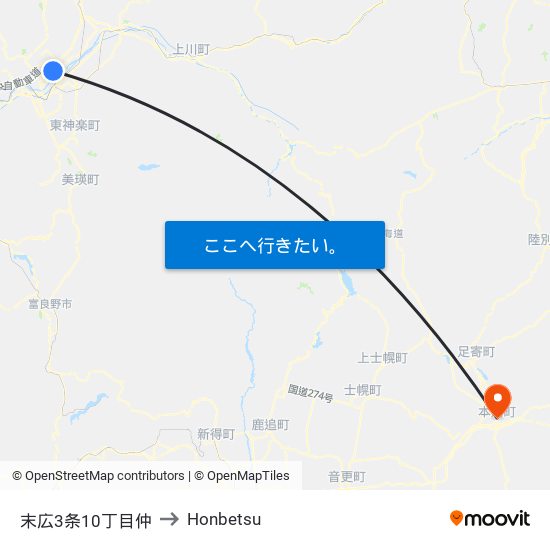 末広3条10丁目仲 to Honbetsu map