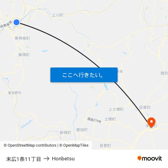 末広1条11丁目 to Honbetsu map