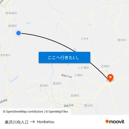 美沢川向入口 to Honbetsu map