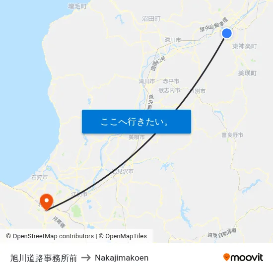 旭川道路事務所前 to Nakajimakoen map