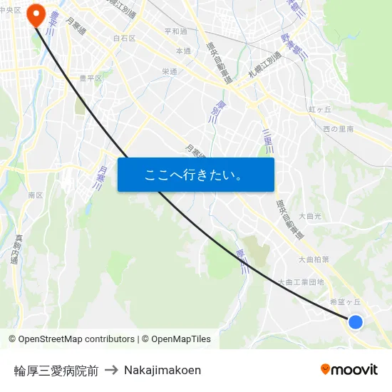 輪厚三愛病院前 to Nakajimakoen map